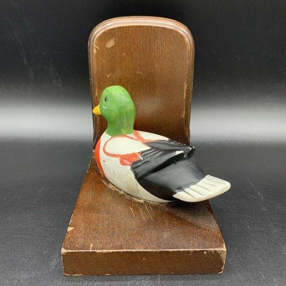 Vintage Duck Book End Ceramic Mallard Duck Wooden Bookend Single Bird Lover - Picture 6 of 9